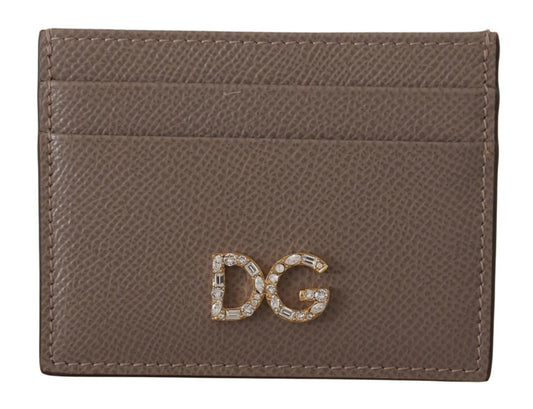 Dolce & Gabbana Elegant Beige Leather Cardholder with Crystal Logo