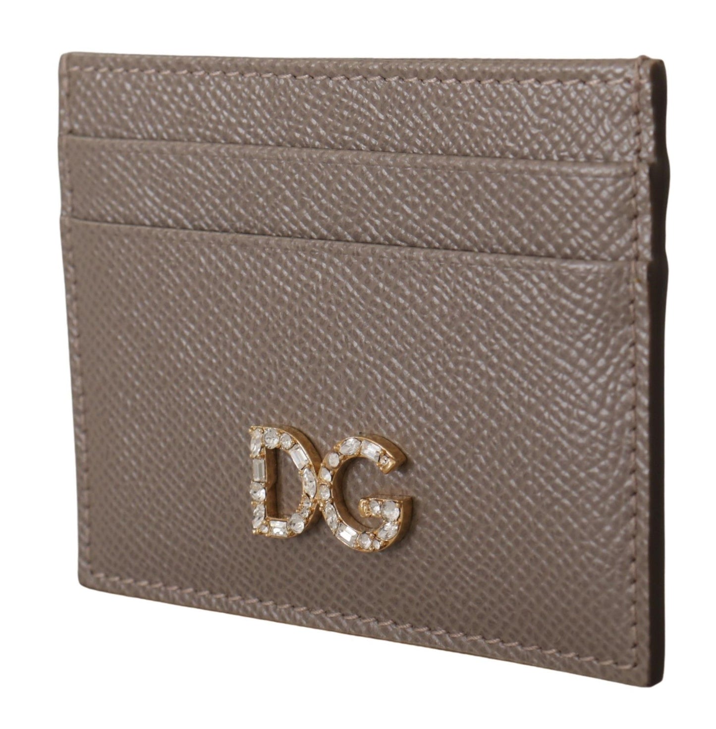 Dolce & Gabbana Elegant Beige Leather Cardholder with Crystal Logo