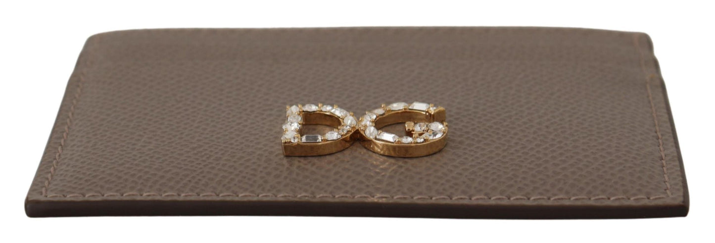 Dolce & Gabbana Elegant Beige Leather Cardholder with Crystal Logo