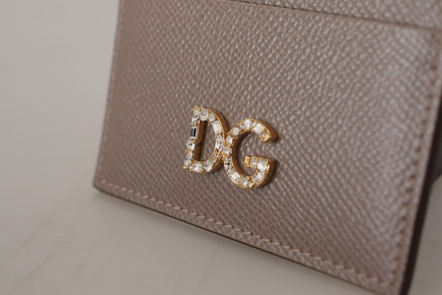 Dolce & Gabbana Elegant Beige Leather Cardholder with Crystal Logo