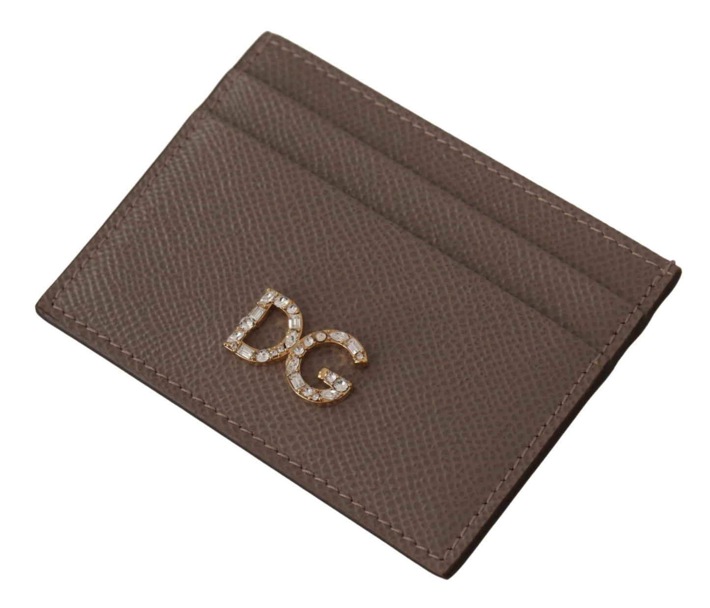 Dolce & Gabbana Elegant Beige Leather Cardholder with Crystal Logo