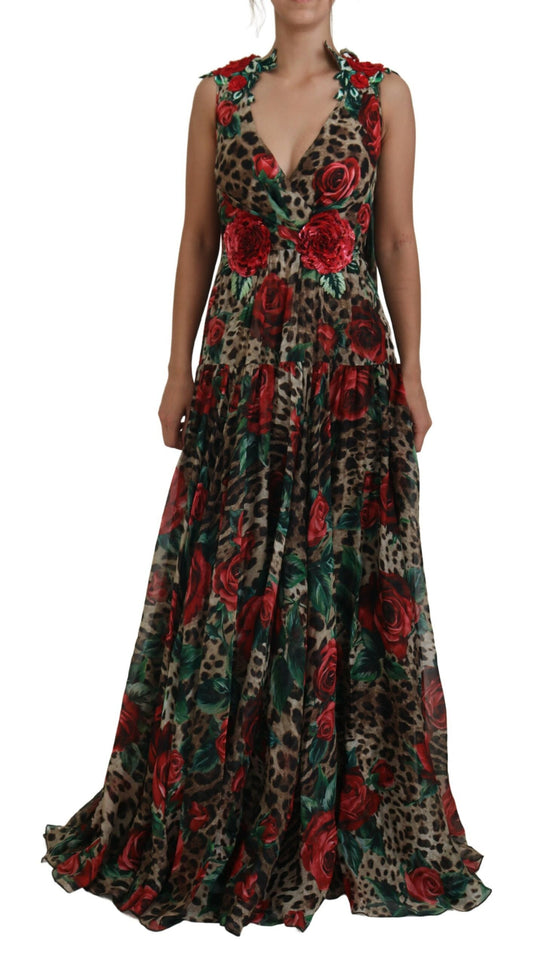 Dolce & Gabbana Elegant Silk A-Line Dress with Leopard and Rose Print