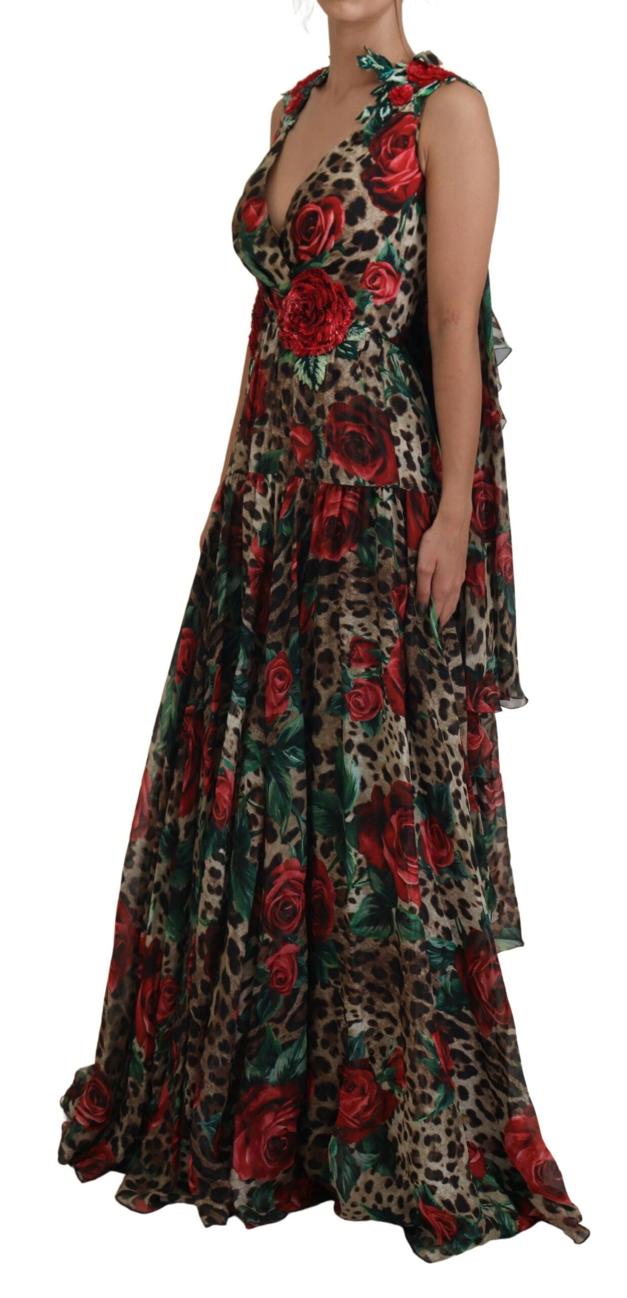 Dolce & Gabbana Elegant Silk A-Line Dress with Leopard and Rose Print