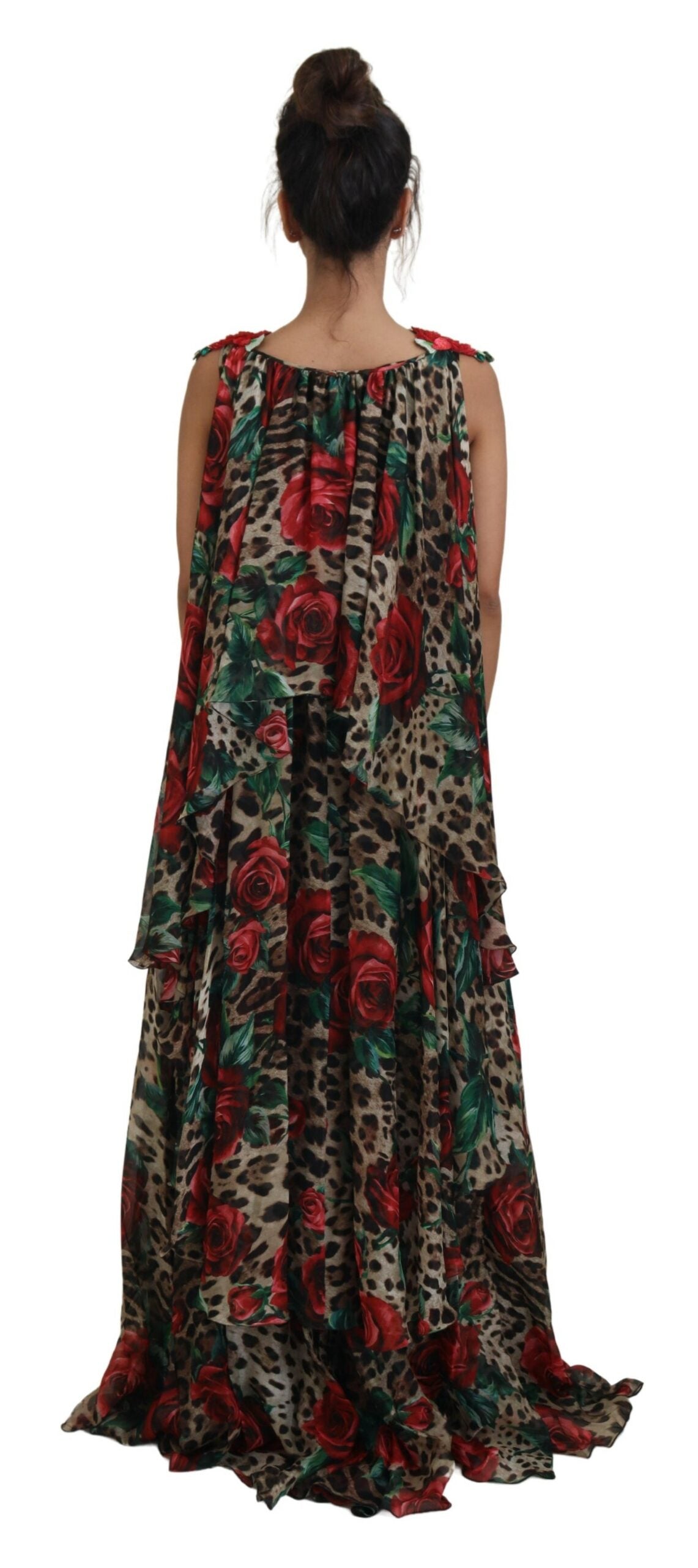 Dolce & Gabbana Elegant Silk A-Line Dress with Leopard and Rose Print