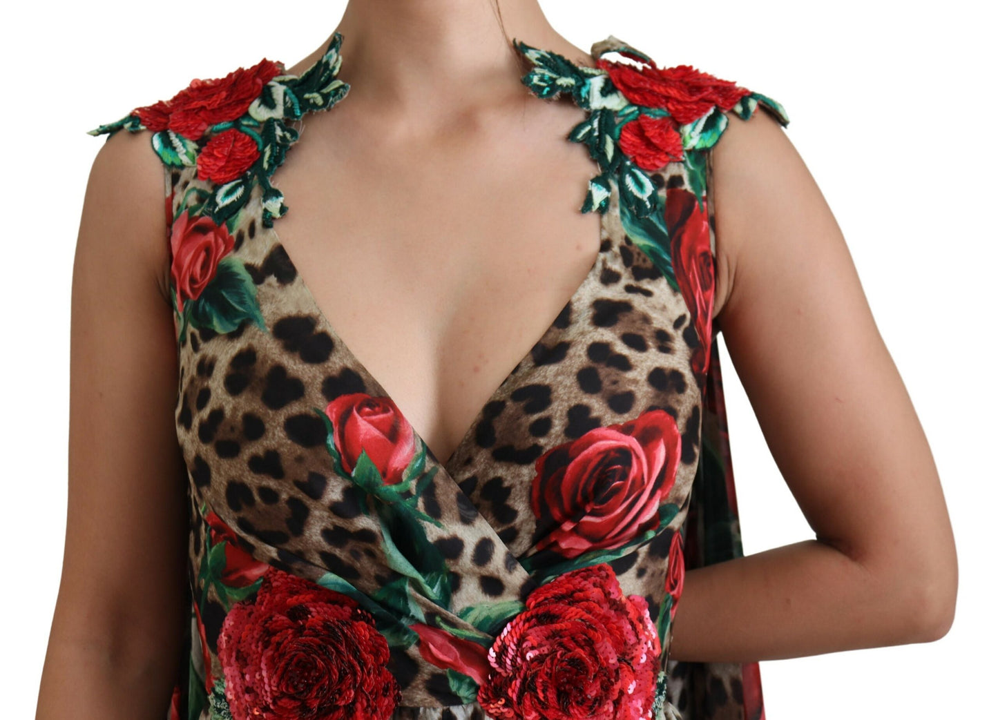 Dolce & Gabbana Elegant Silk A-Line Dress with Leopard and Rose Print