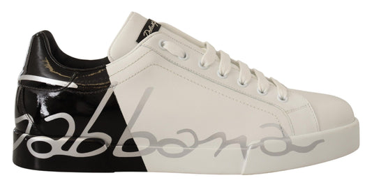 Dolce & Gabbana White Black Leather Logo Print Mens Sneakers Shoes