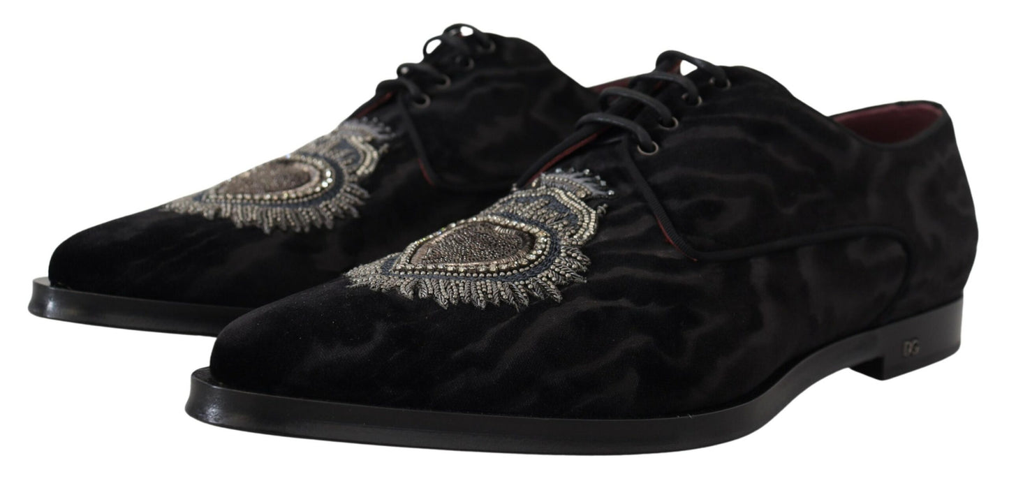 Dolce & Gabbana Elegant Black Derby Shoes with Heart Embroidery