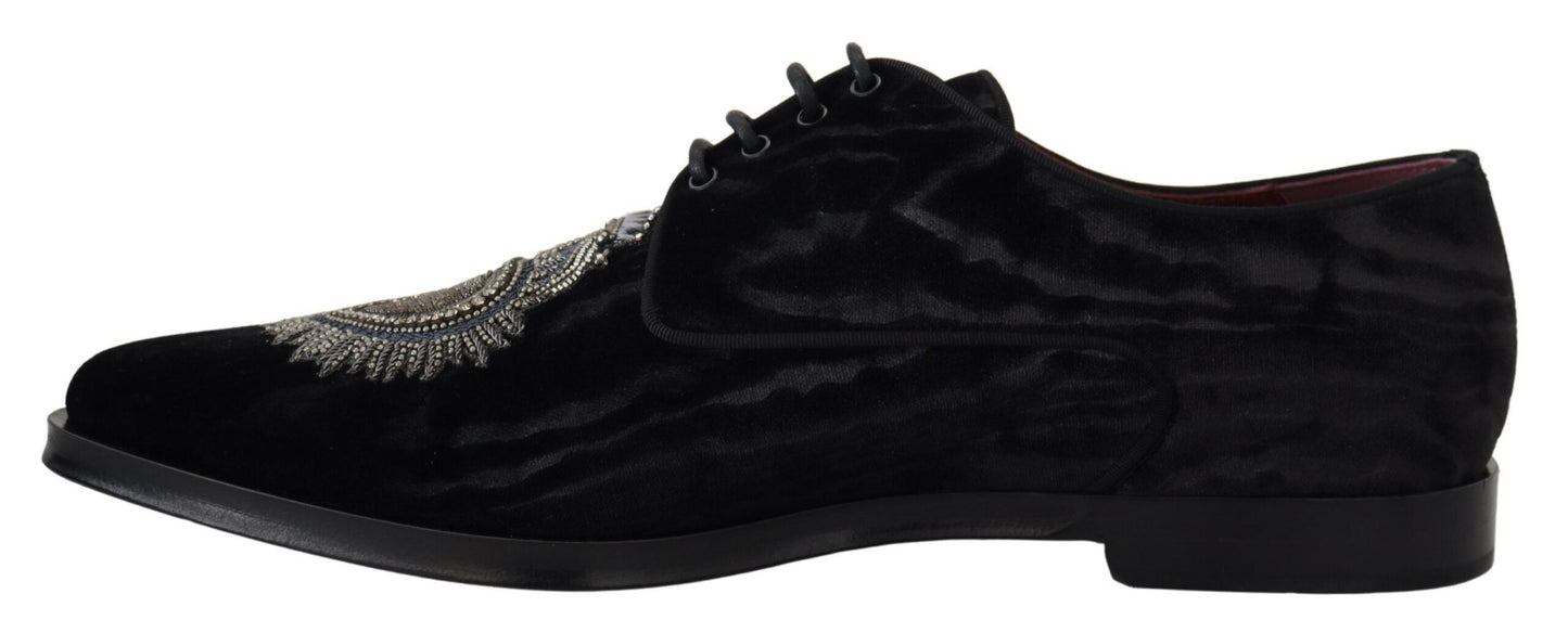 Dolce & Gabbana Elegant Black Derby Shoes with Heart Embroidery