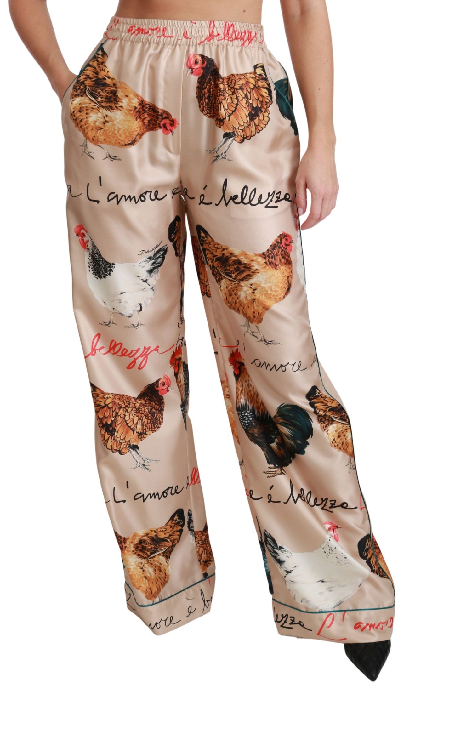 Dolce & Gabbana Chic Hen Chicken Print Silk Pants