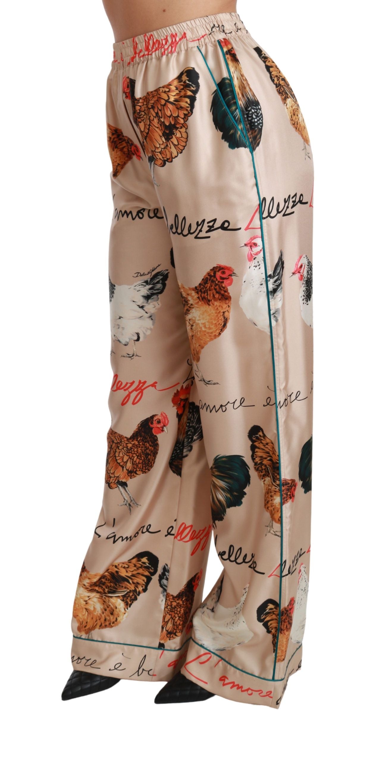 Dolce & Gabbana Chic Hen Chicken Print Silk Pants