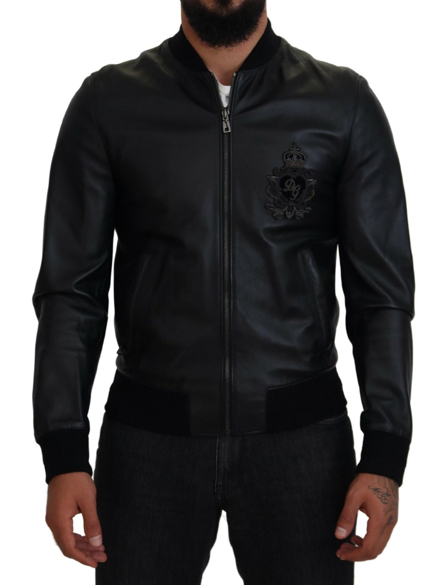 Dolce & Gabbana Elegant Black Leather Bomber Jacket