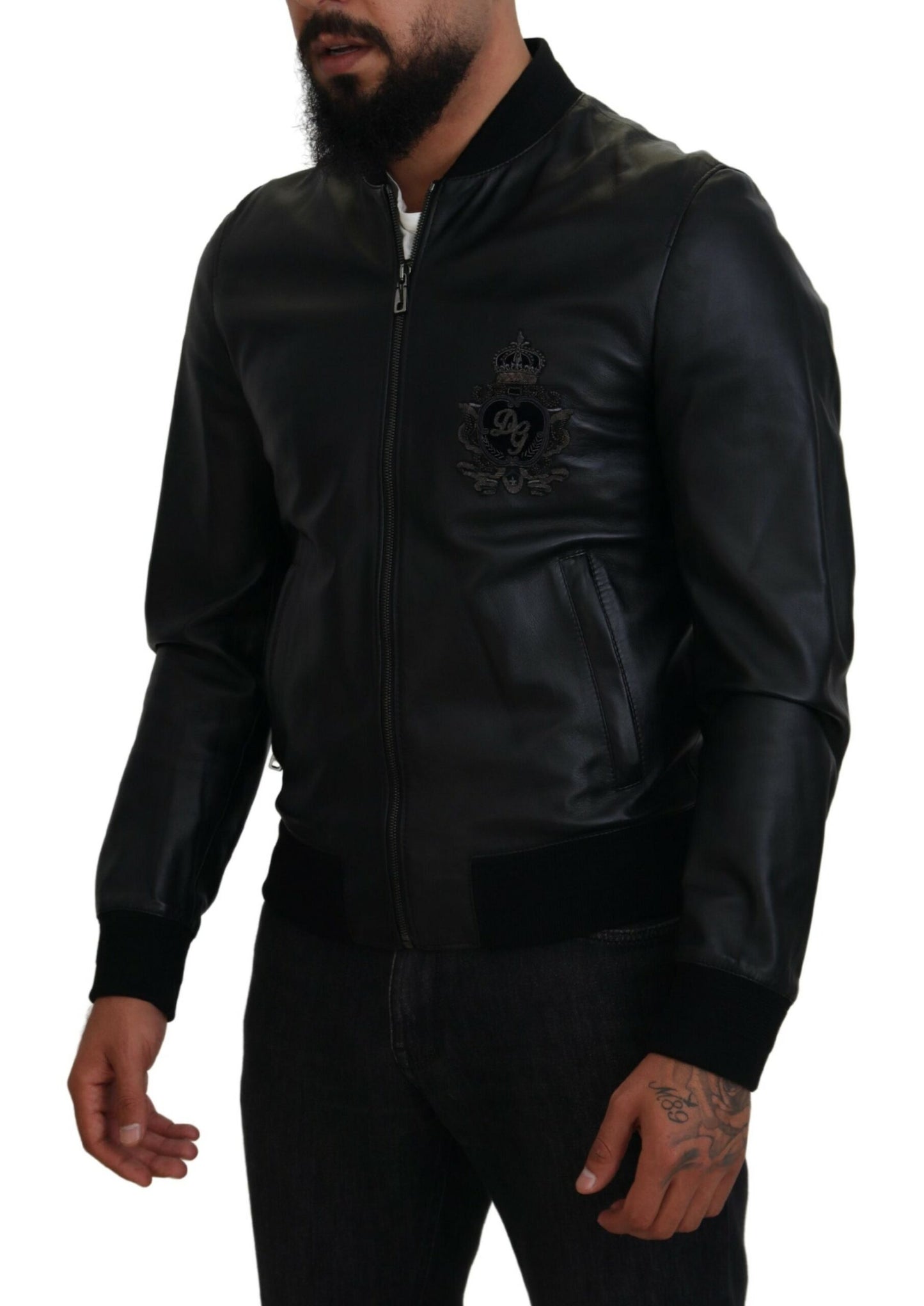 Dolce & Gabbana Elegant Black Leather Bomber Jacket