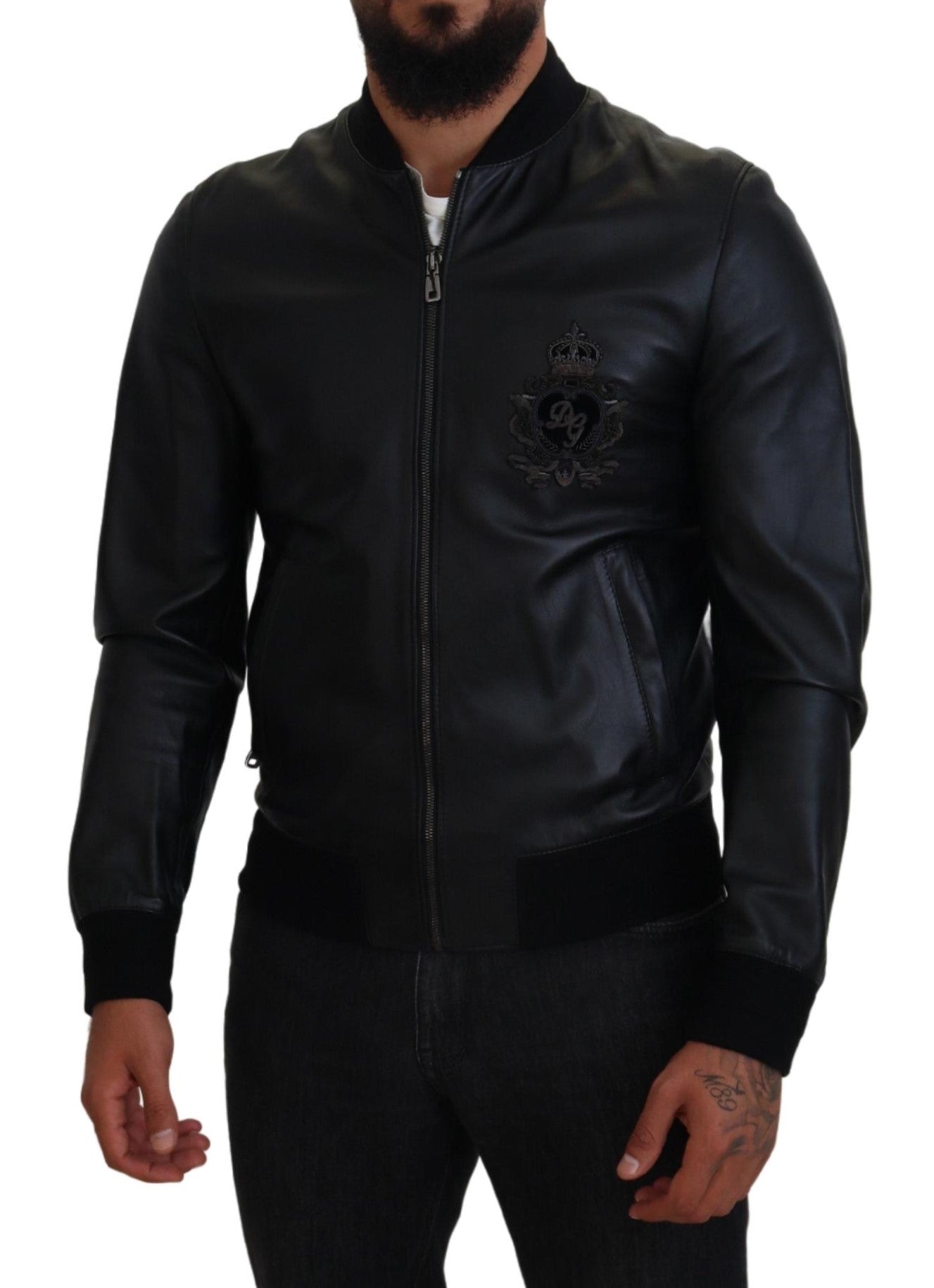 Dolce & Gabbana Elegant Black Leather Bomber Jacket