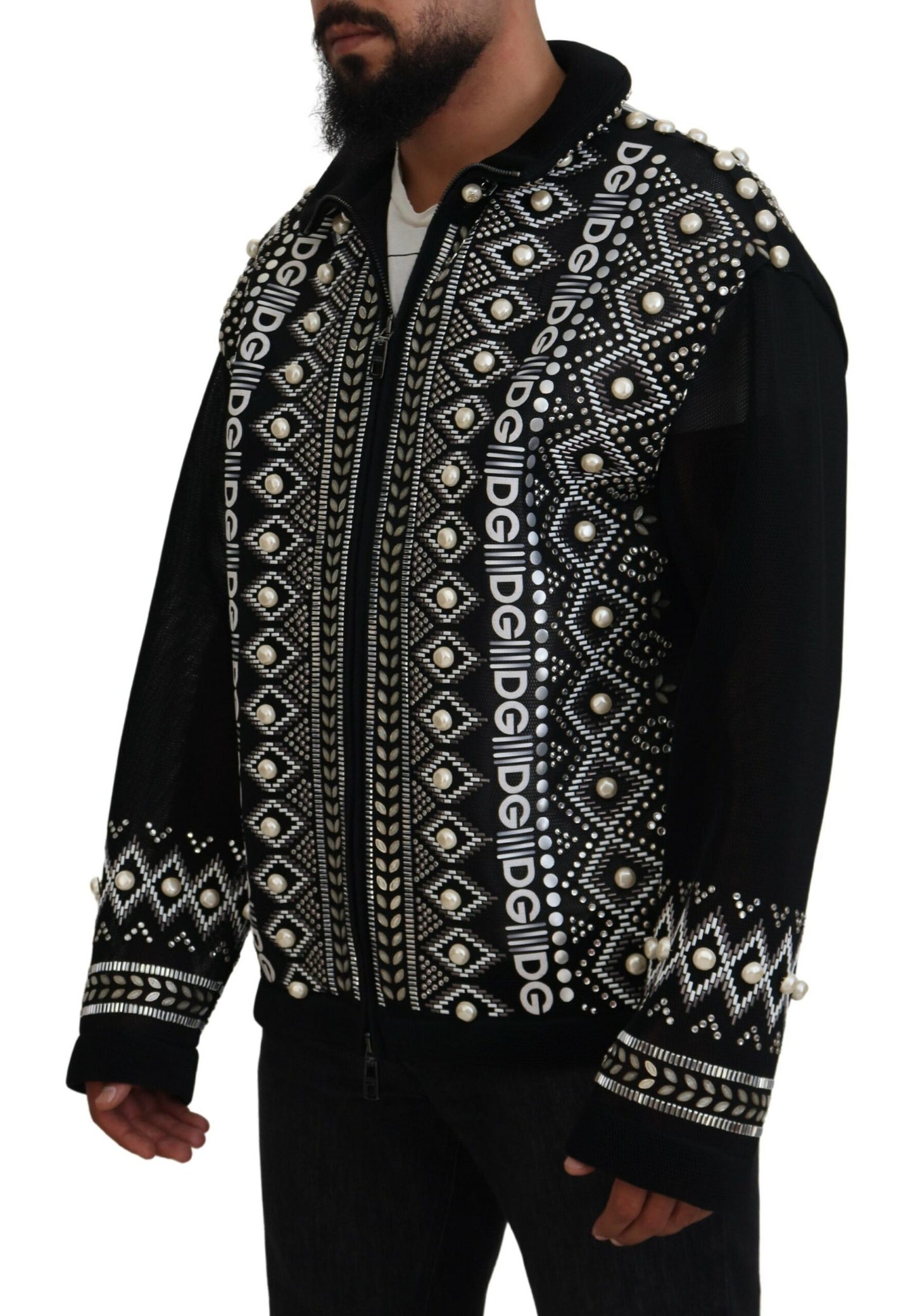 Dolce & Gabbana Black White DG Pearl Embellishment Jacket