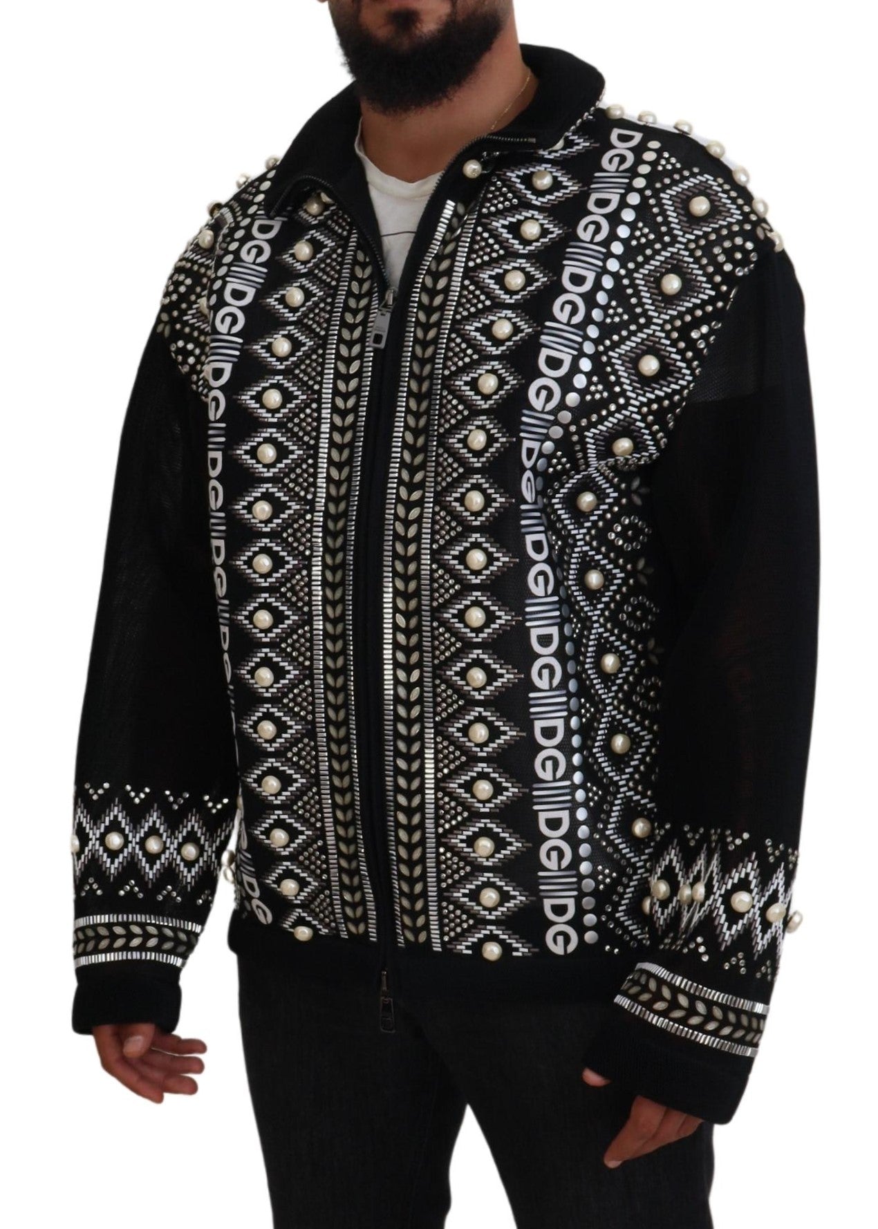 Dolce & Gabbana Black White DG Pearl Embellishment Jacket