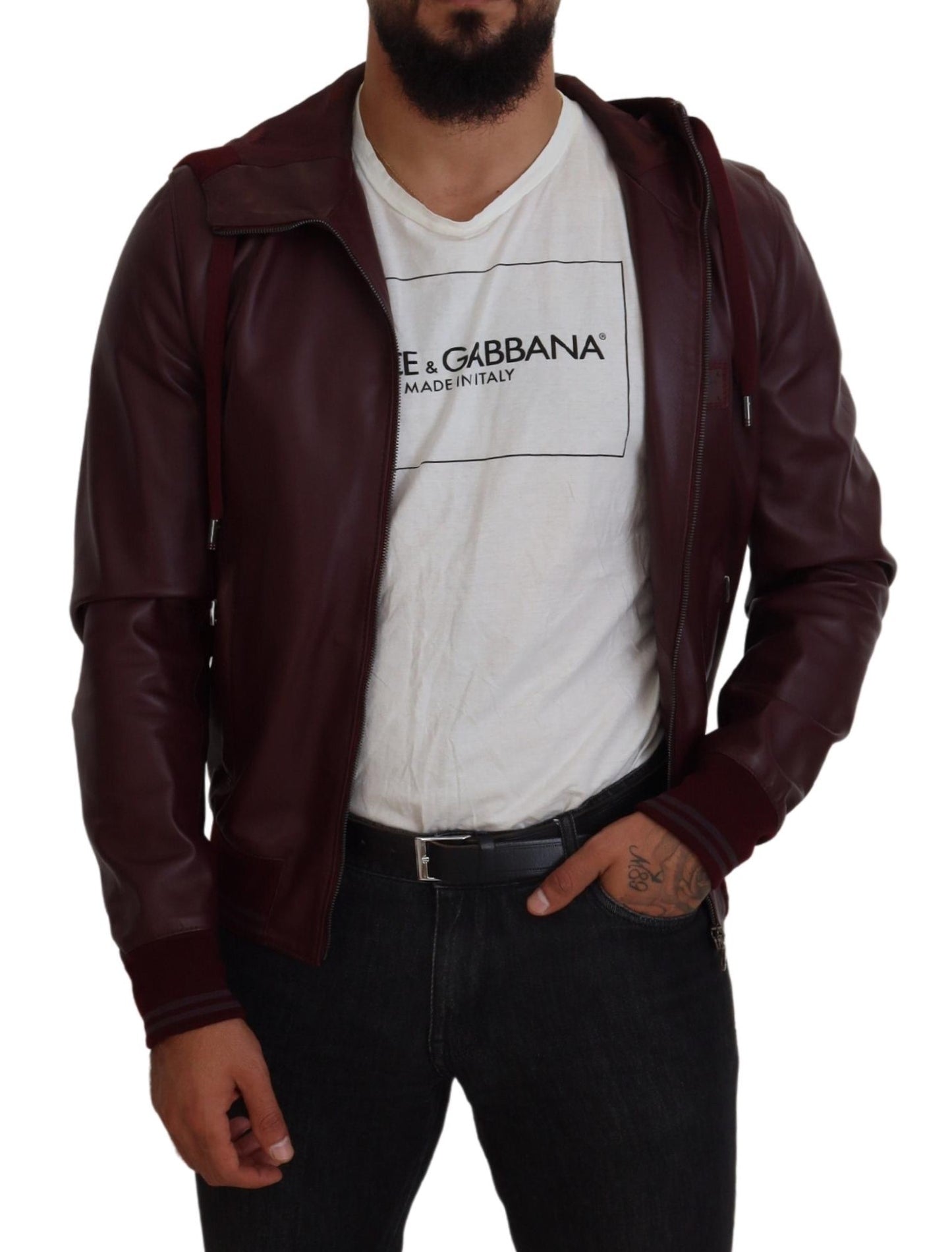 Dolce & Gabbana Maroon Hooded Leather Masterpiece Jacket