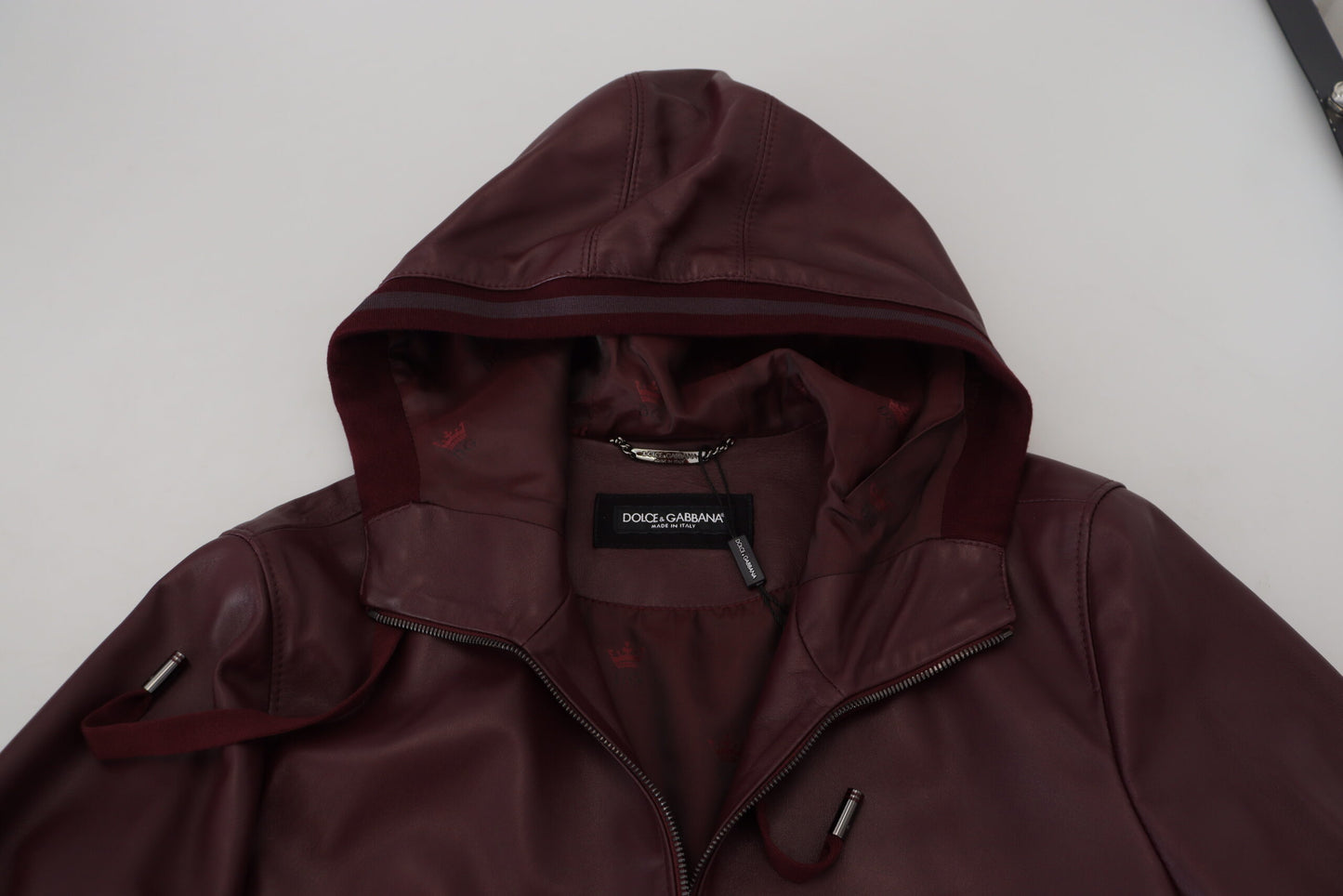 Dolce & Gabbana Maroon Hooded Leather Masterpiece Jacket