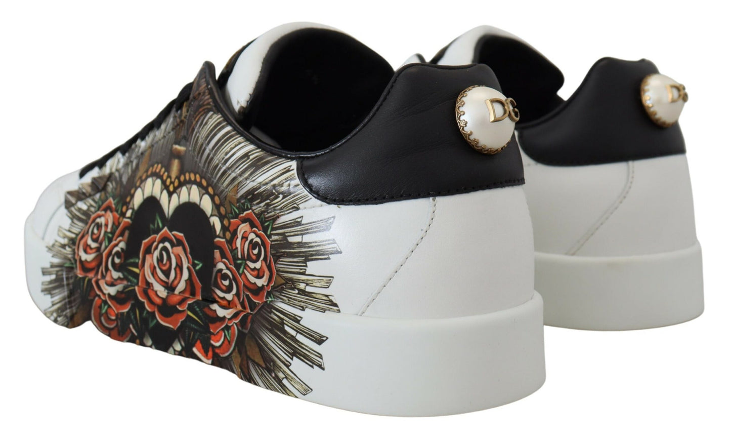 Dolce & Gabbana Elegant White Leather Sneakers with Heart Roses Detail