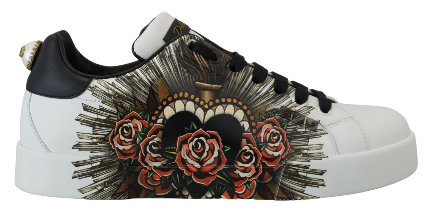 Dolce & Gabbana Elegant White Leather Sneakers with Heart Roses Detail