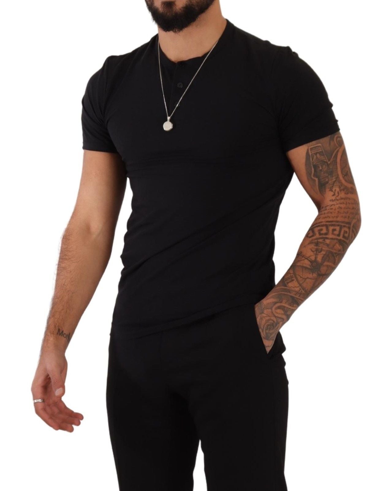 Dolce & Gabbana Elegant Black Cotton Henley T-Shirt