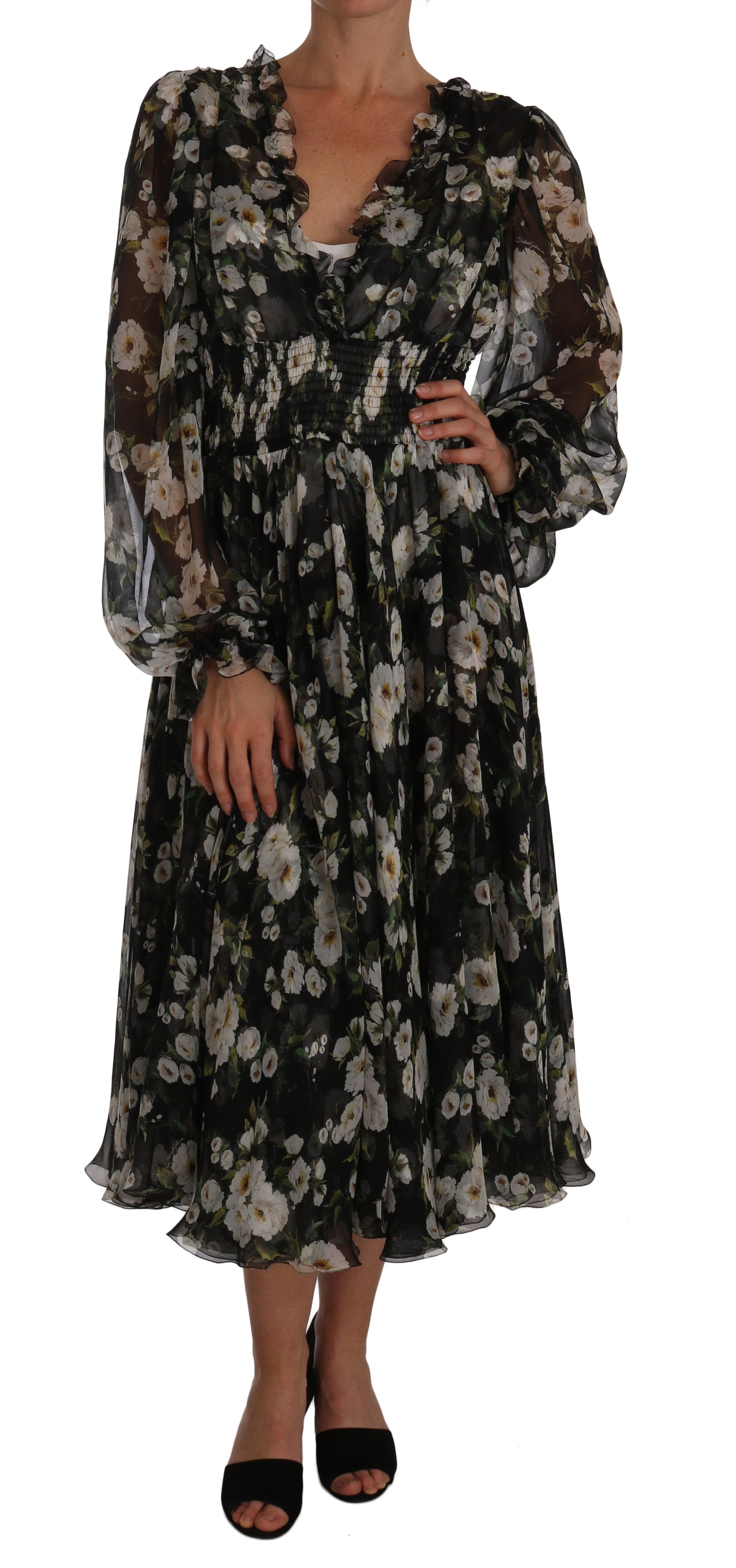 Dolce & Gabbana Black Floral Silk Midi Dress with Luxe Craftsmanship