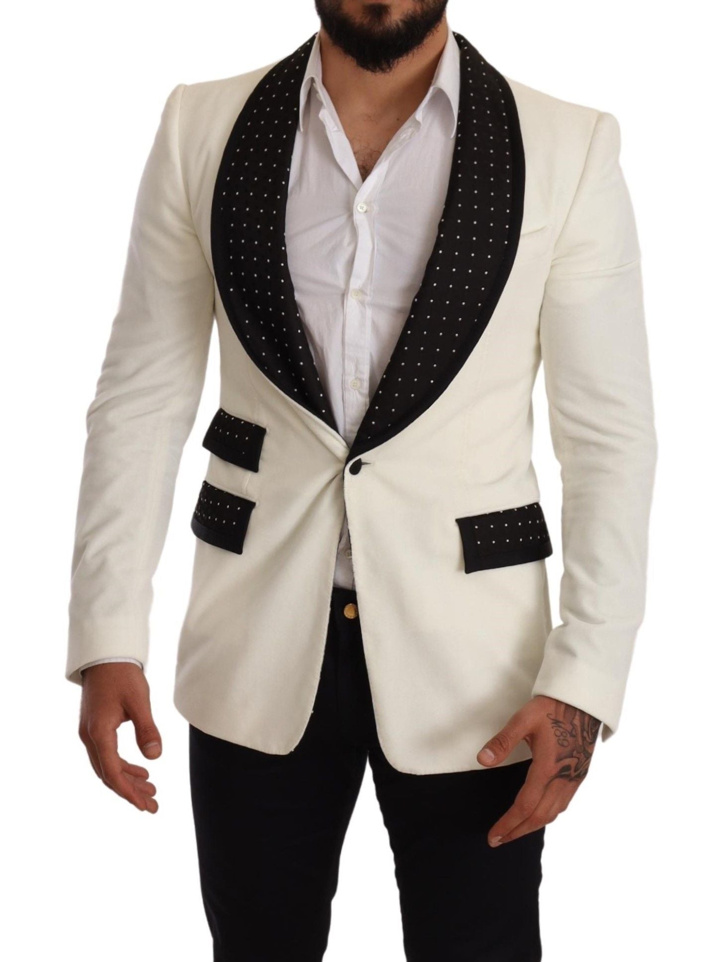 Dolce & Gabbana Elegant White Dot Pattern Slim Fit Blazer