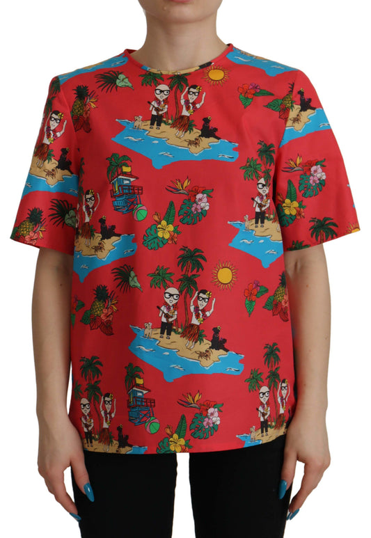 Dolce & Gabbana Red Multicolor Beach Motif Cotton T-Shirt