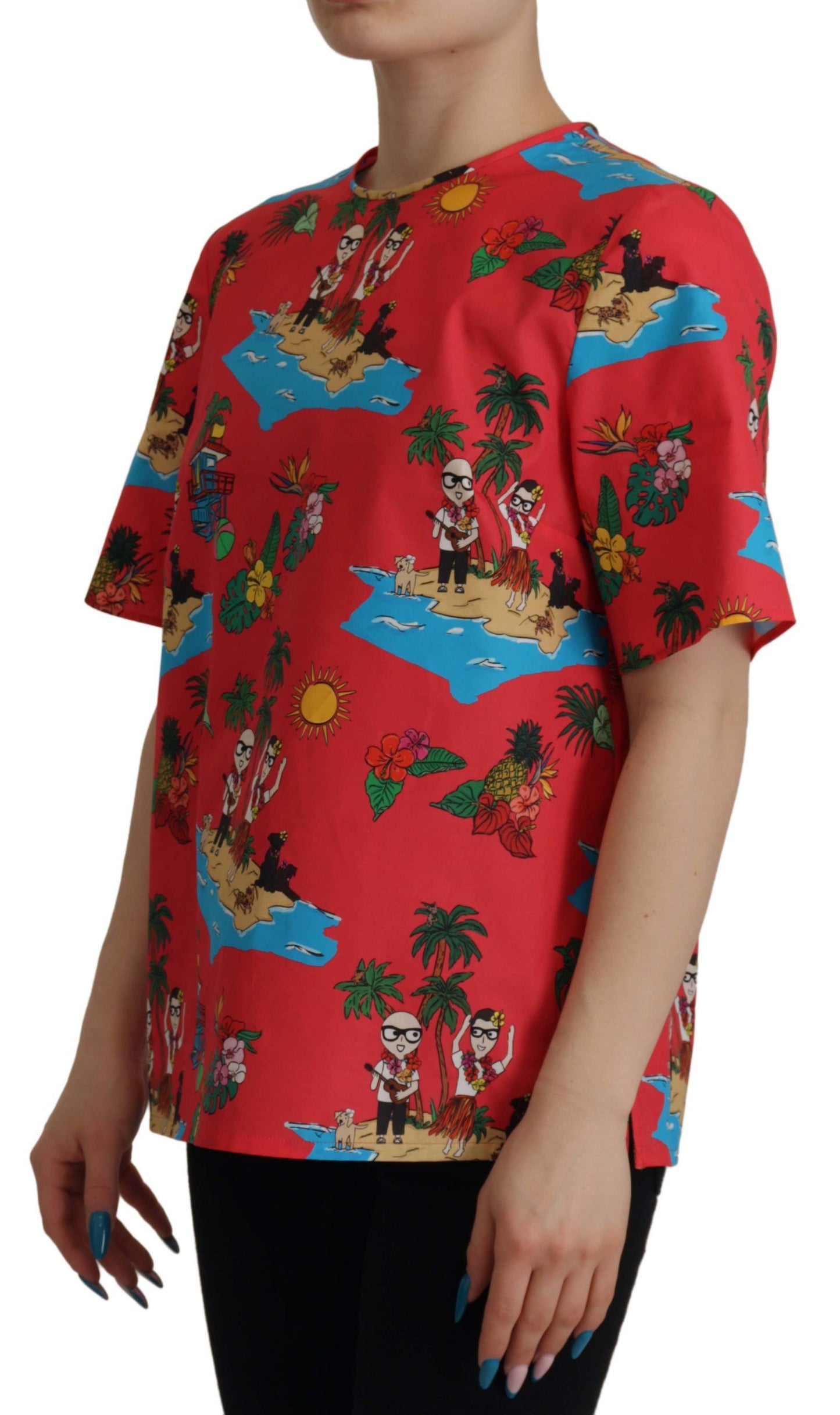 Dolce & Gabbana Red Multicolor Beach Motif Cotton T-Shirt