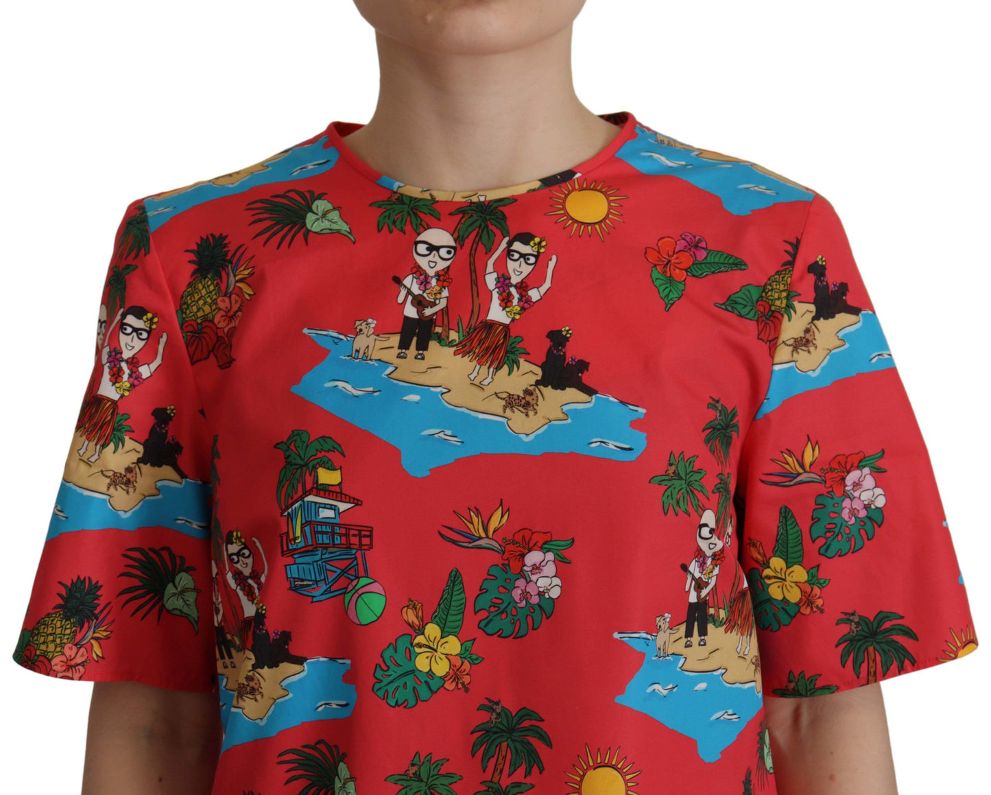 Dolce & Gabbana Red Multicolor Beach Motif Cotton T-Shirt