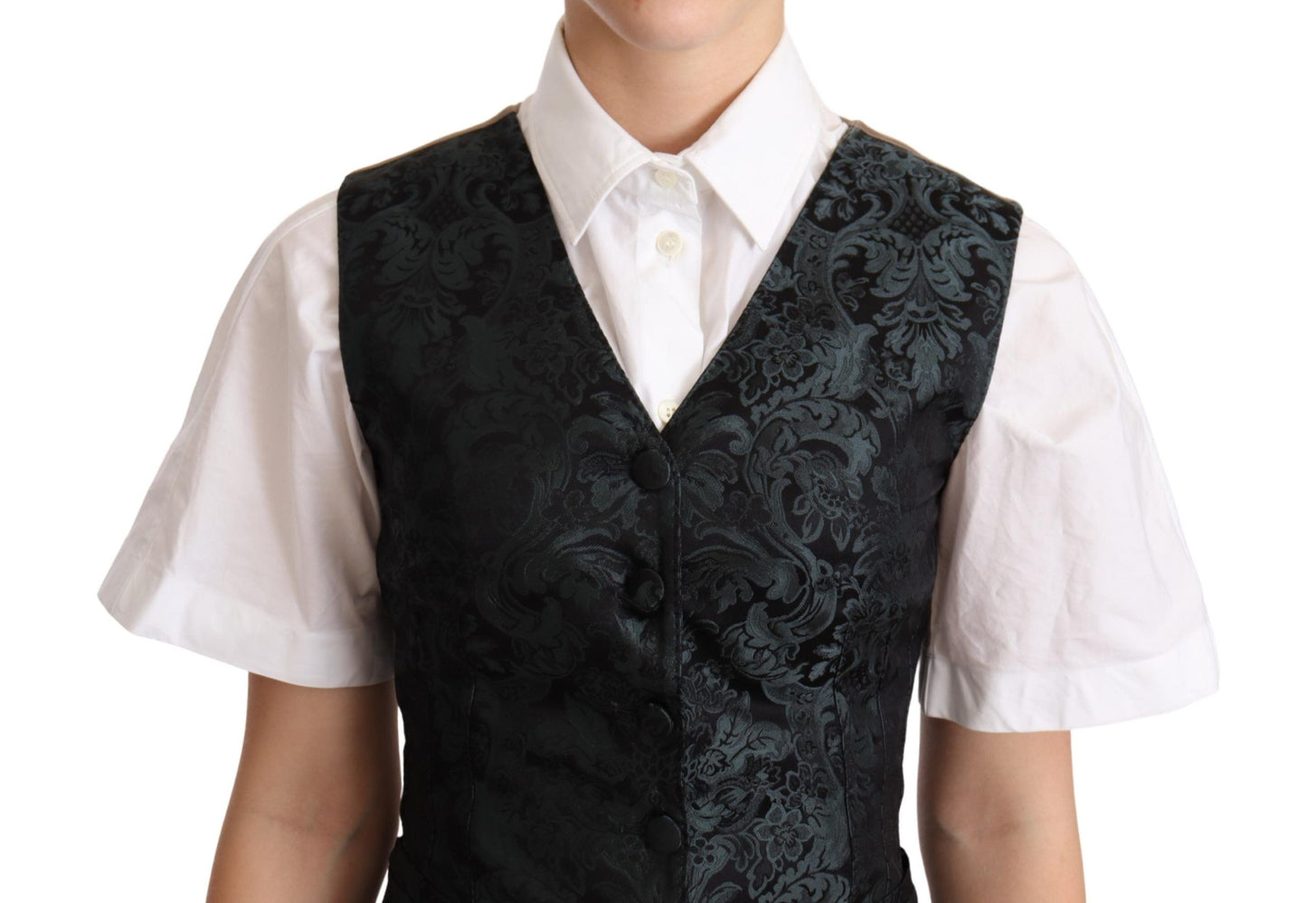 Dolce & Gabbana Black Jacquard Floral Waistcoat Vest Green