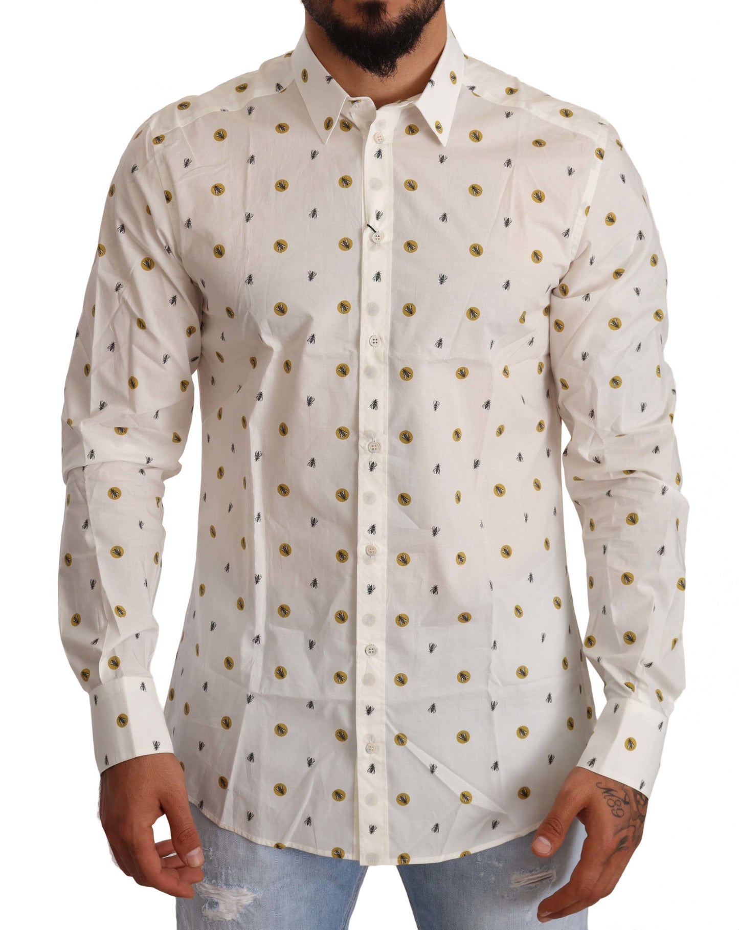 Dolce & Gabbana Elegant White Cotton Poplin Shirt with Unique Fly Print