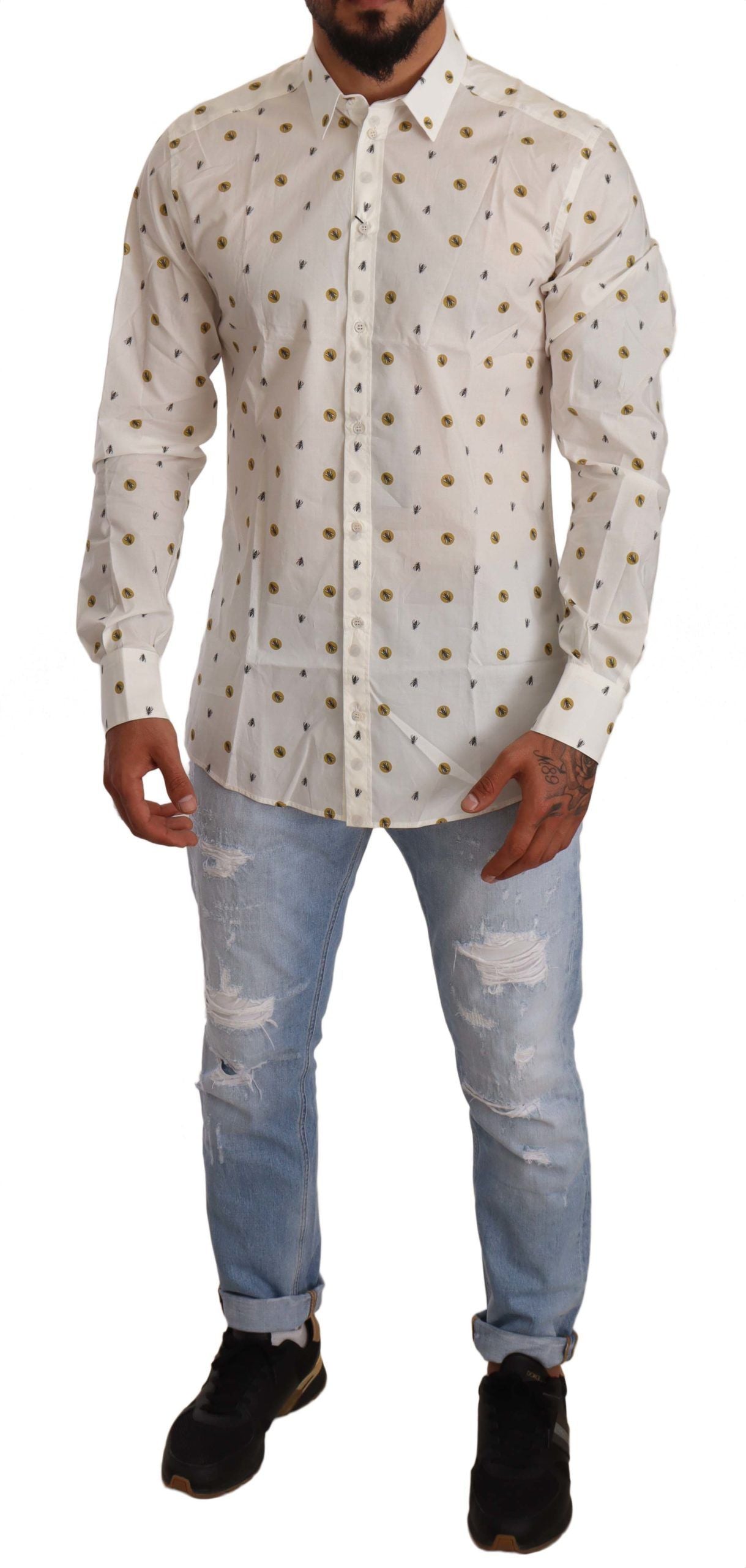 Dolce & Gabbana Elegant White Cotton Poplin Shirt with Unique Fly Print