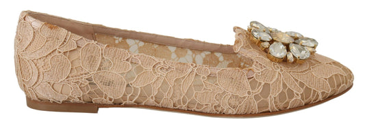 Dolce & Gabbana Elegant Beige Lace Vally Flats with Crystal Accent