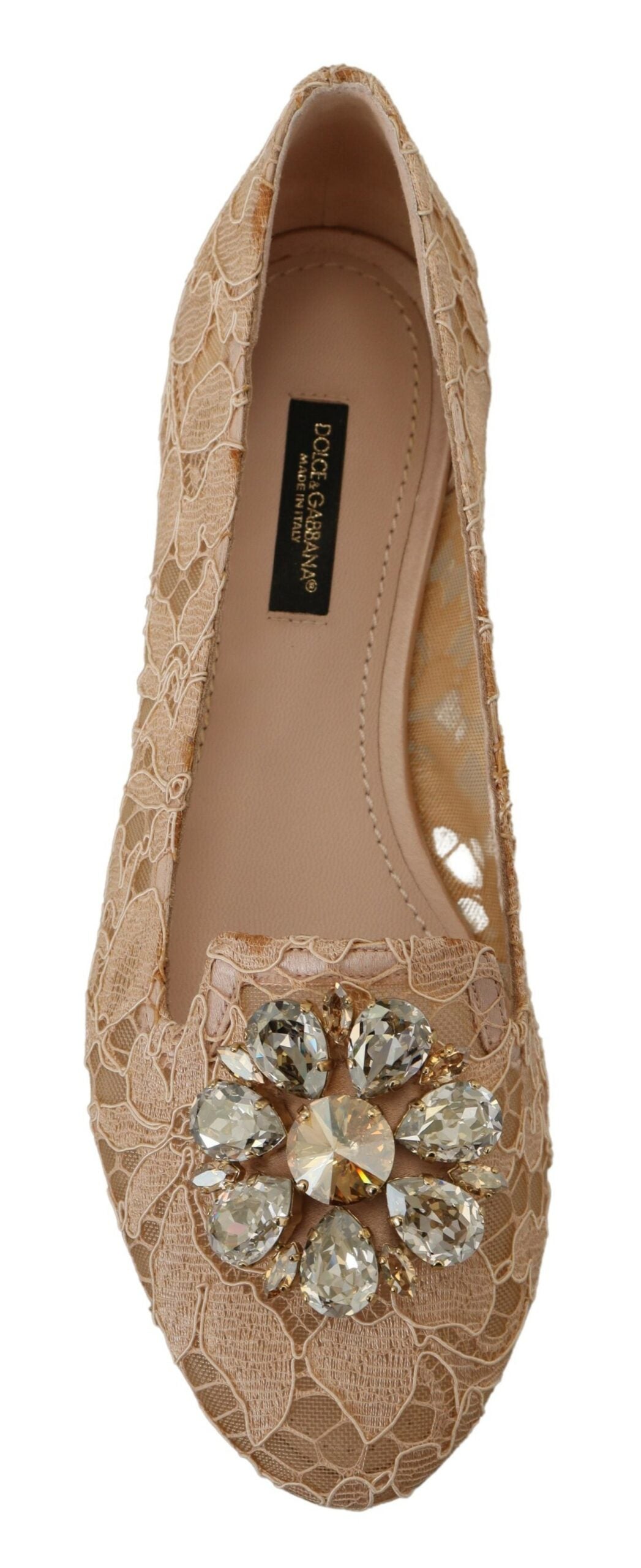 Dolce & Gabbana Elegant Beige Lace Vally Flats with Crystal Accent