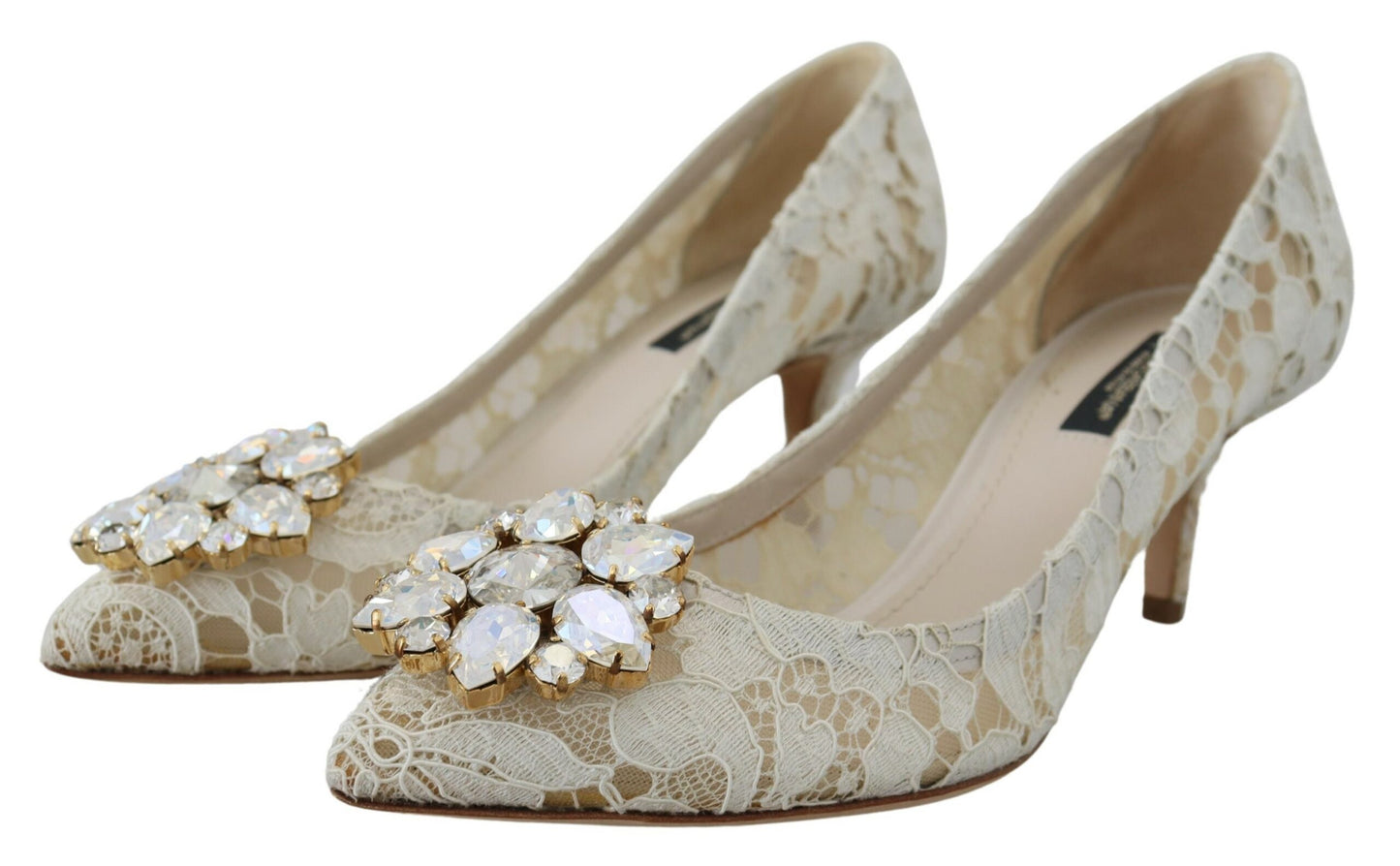 Dolce & Gabbana Elegant White Lace Heels with Crystal Accents