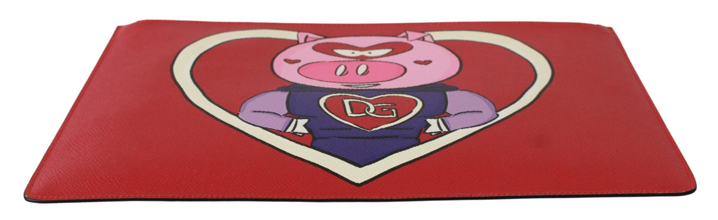 Dolce & Gabbana Red Pig Love Print Leather Document Bag