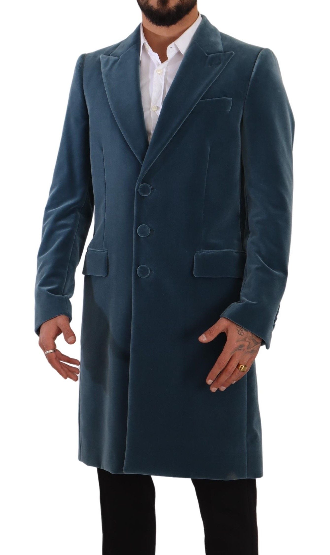 Dolce & Gabbana Elegant Blue Velvet Overcoat Jacket