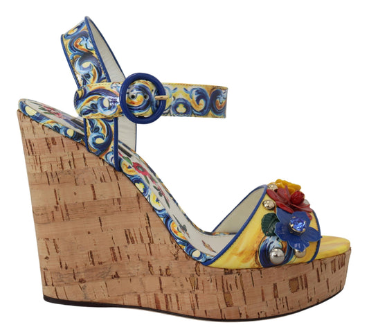 Dolce & Gabbana Majolica Print Ankle Strap Wedge Sandals