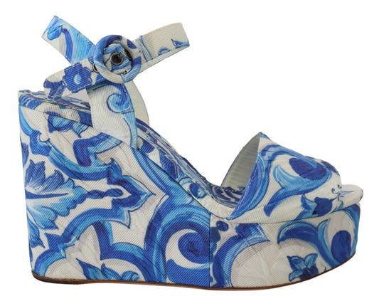 Dolce & Gabbana Majolica Print Cotton Wedge Sandals