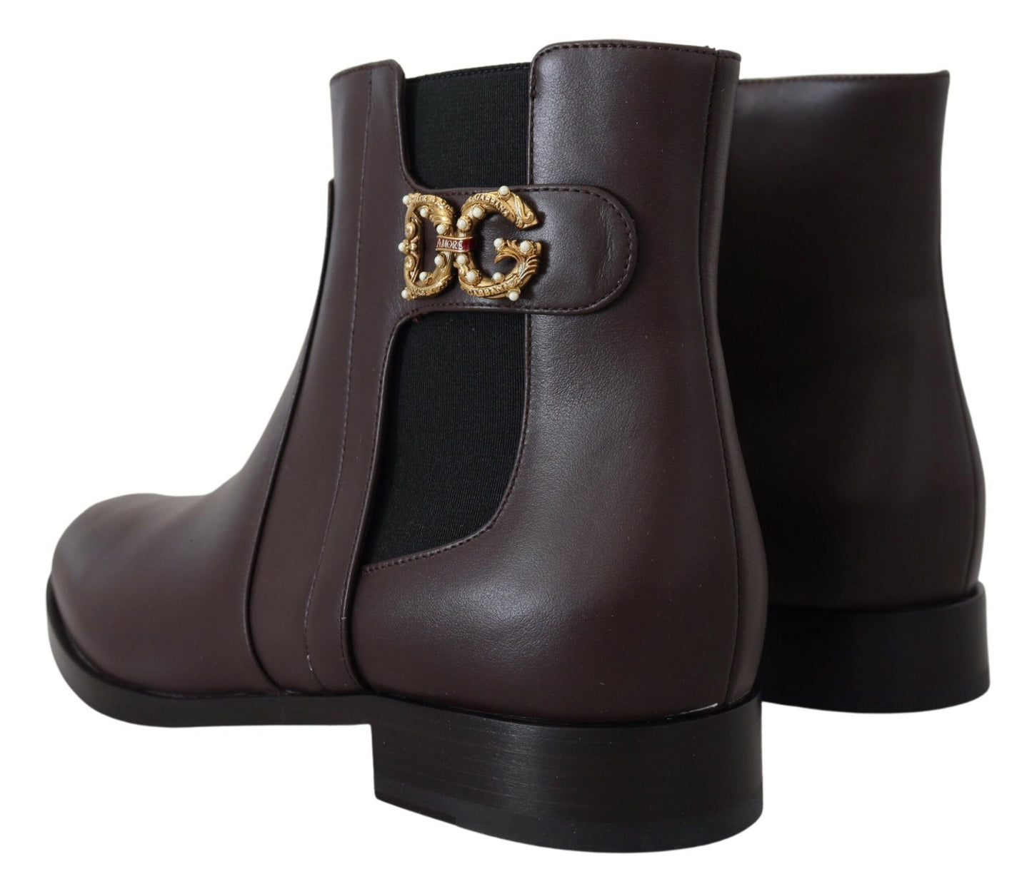 Dolce & Gabbana Elegant Brown Ankle Boots with Gold Pearl Detail