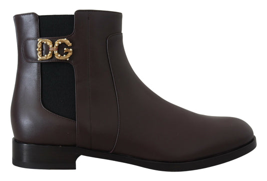 Dolce & Gabbana Elegant Brown Ankle Boots with Gold Pearl Detail