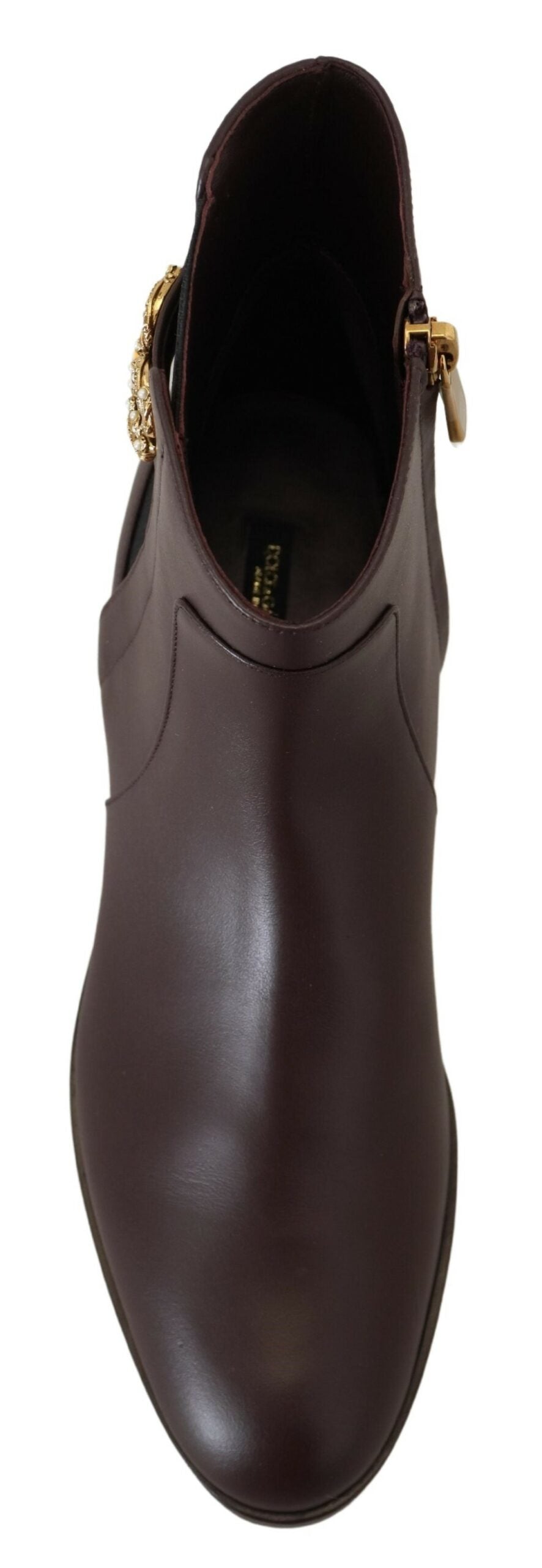 Dolce & Gabbana Elegant Brown Ankle Boots with Gold Pearl Detail