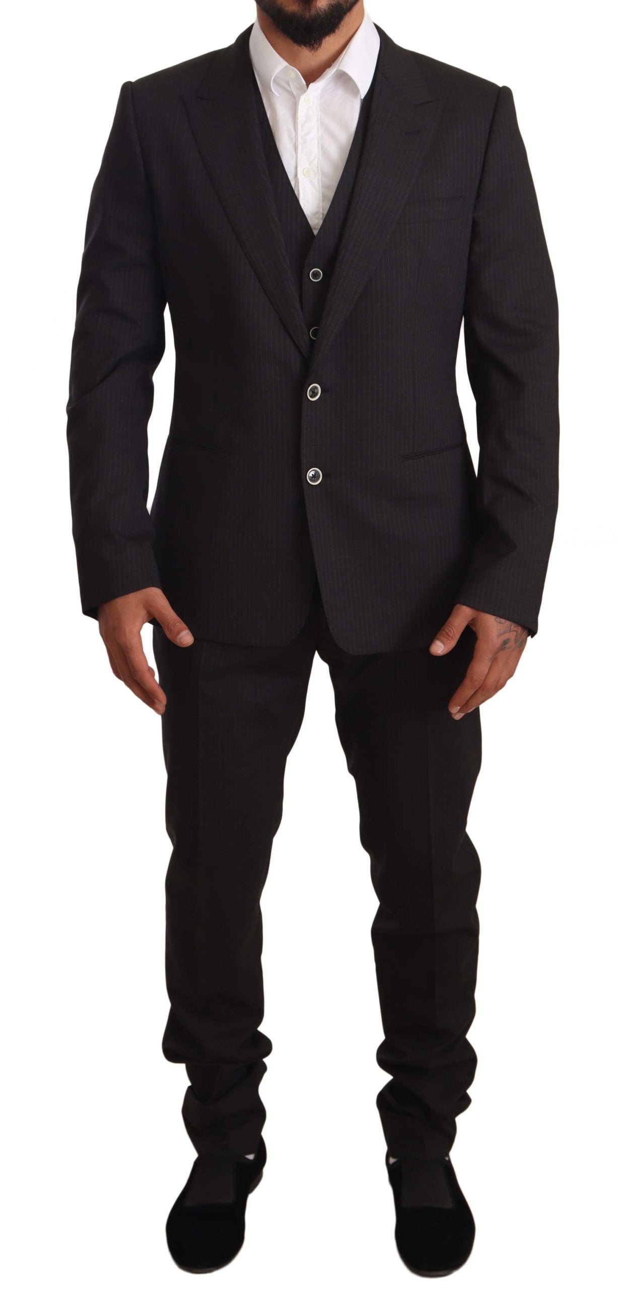 Dolce & Gabbana Elegant Gray Striped Three-Piece Wool Suit