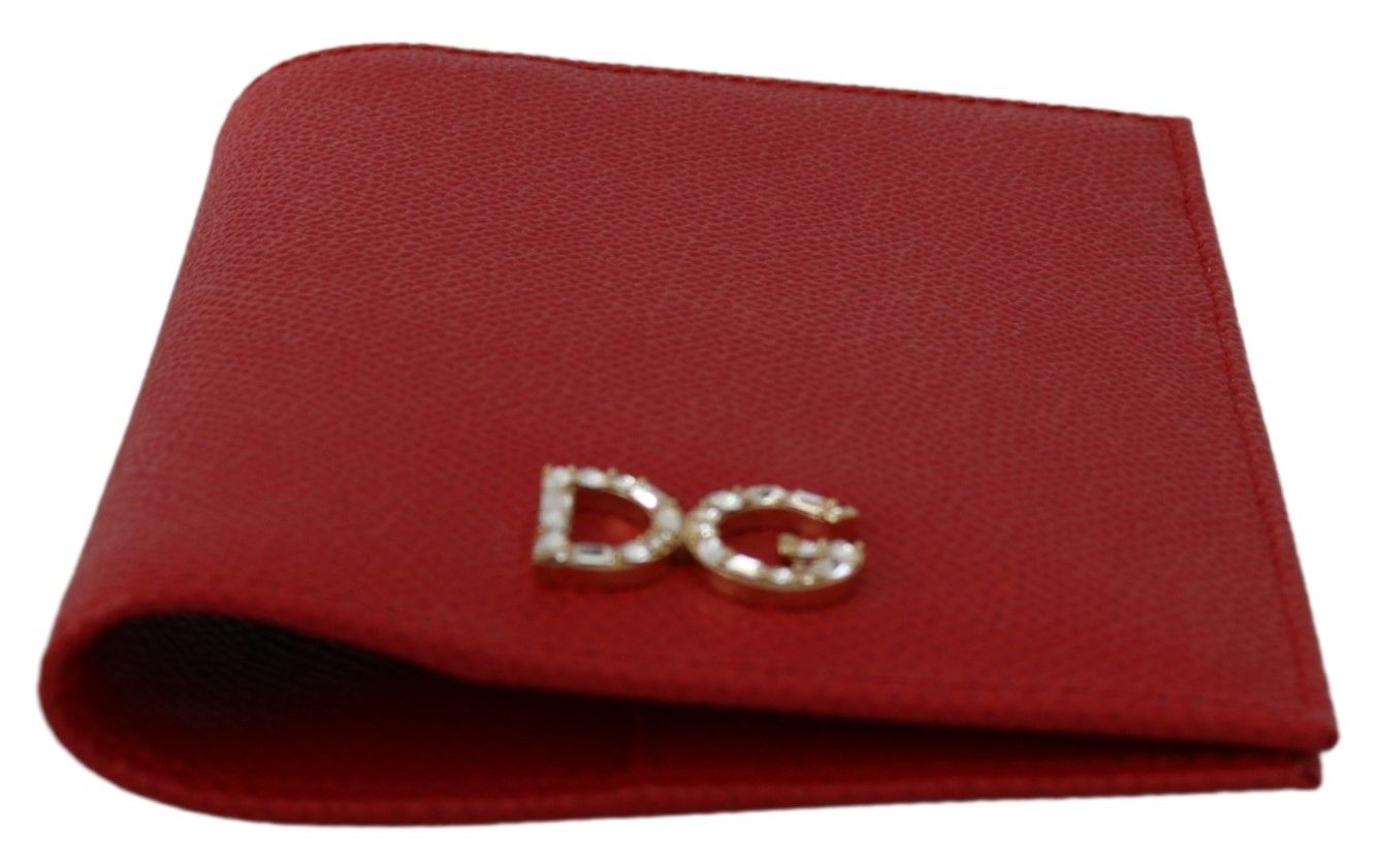 Dolce & Gabbana Elegant Red Leather Bifold Wallet with Crystal Accents