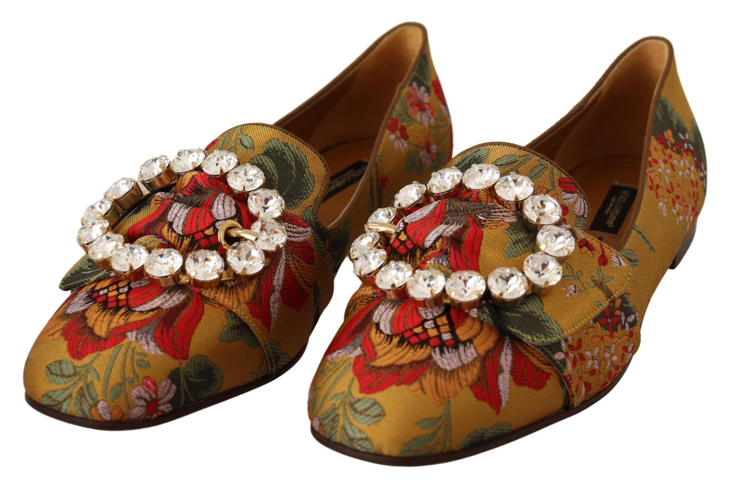 Dolce & Gabbana Glamorous Gold Jacquard Ballet Flats with Crystal Brooch