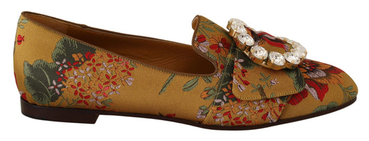 Dolce & Gabbana Glamorous Gold Jacquard Ballet Flats with Crystal Brooch