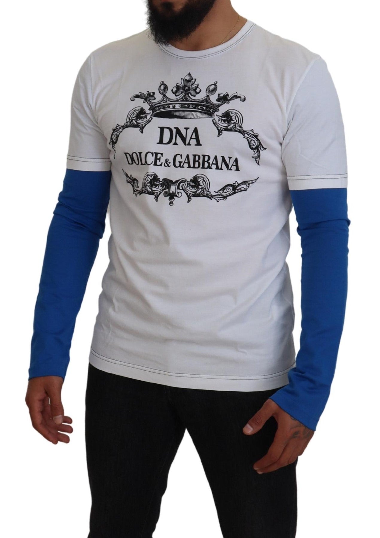 Dolce & Gabbana Blue White DNA Crewneck Pullover Sweater