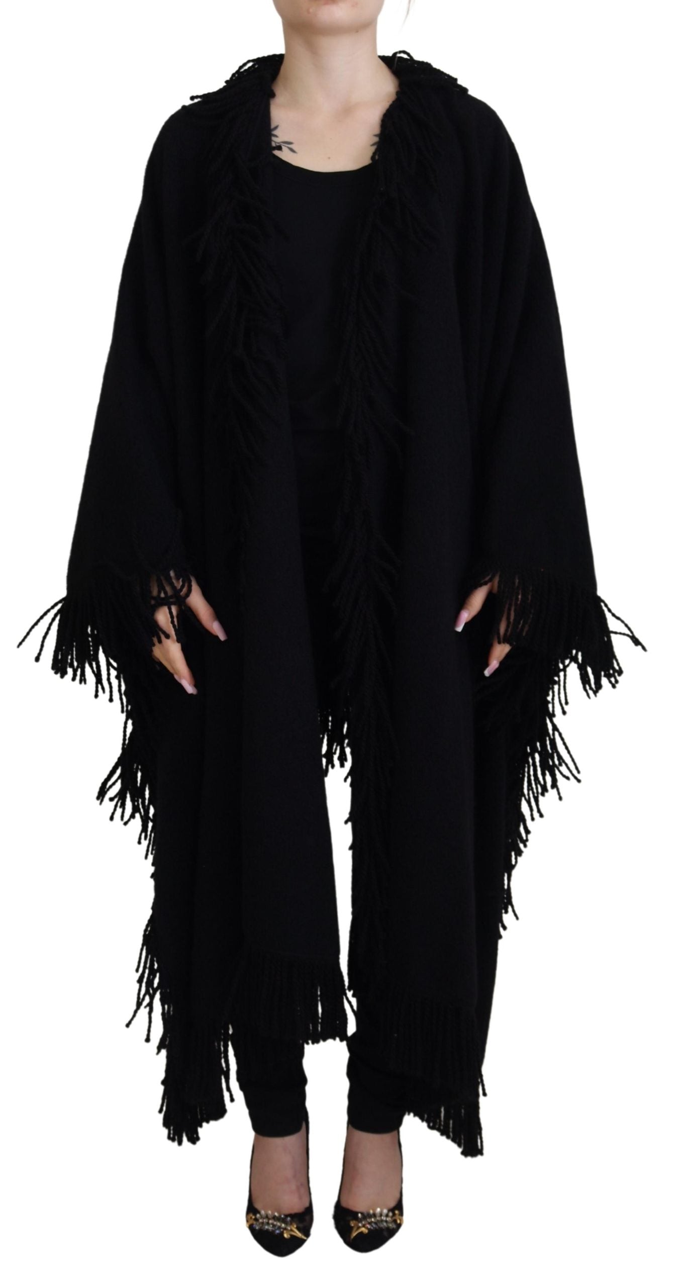 Dolce & Gabbana Black Long Sleeves Fringe Coat Alpaca Jacket