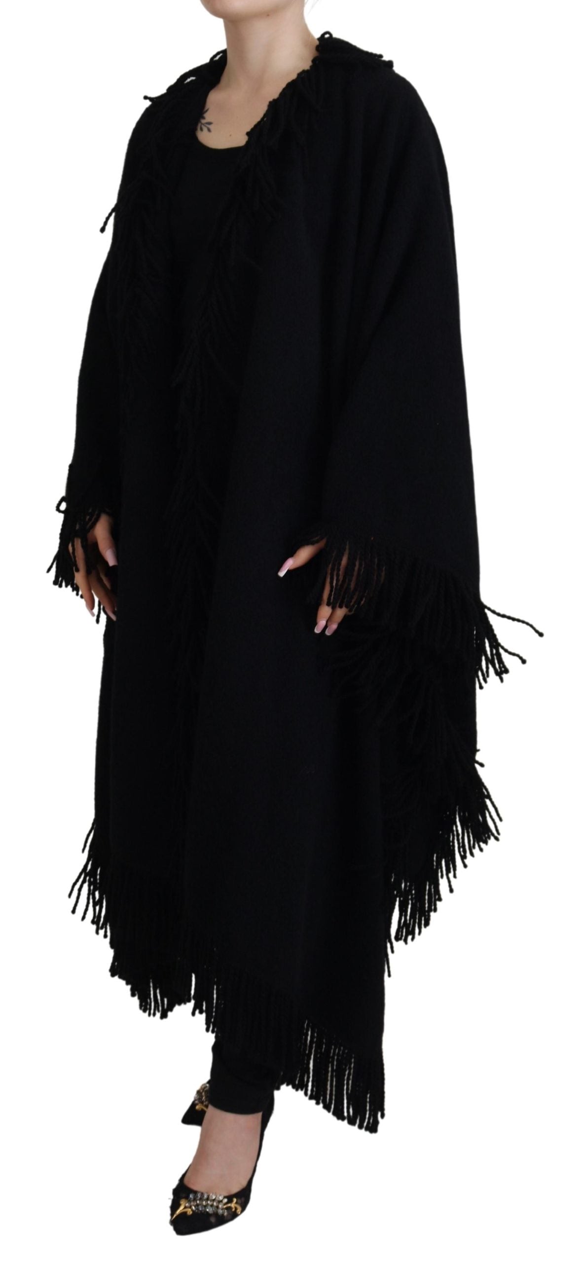 Dolce & Gabbana Black Long Sleeves Fringe Coat Alpaca Jacket