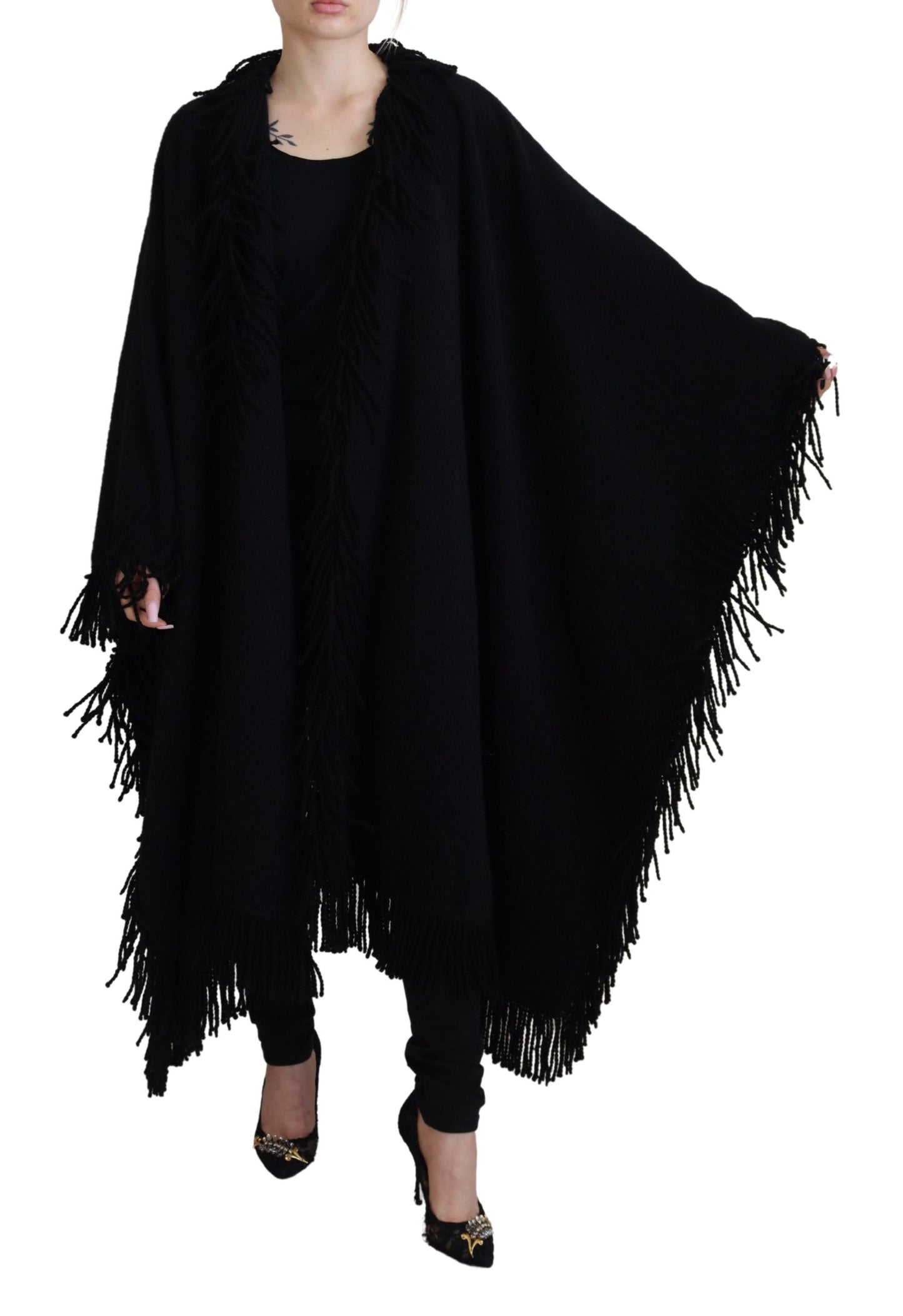 Dolce & Gabbana Black Long Sleeves Fringe Coat Alpaca Jacket